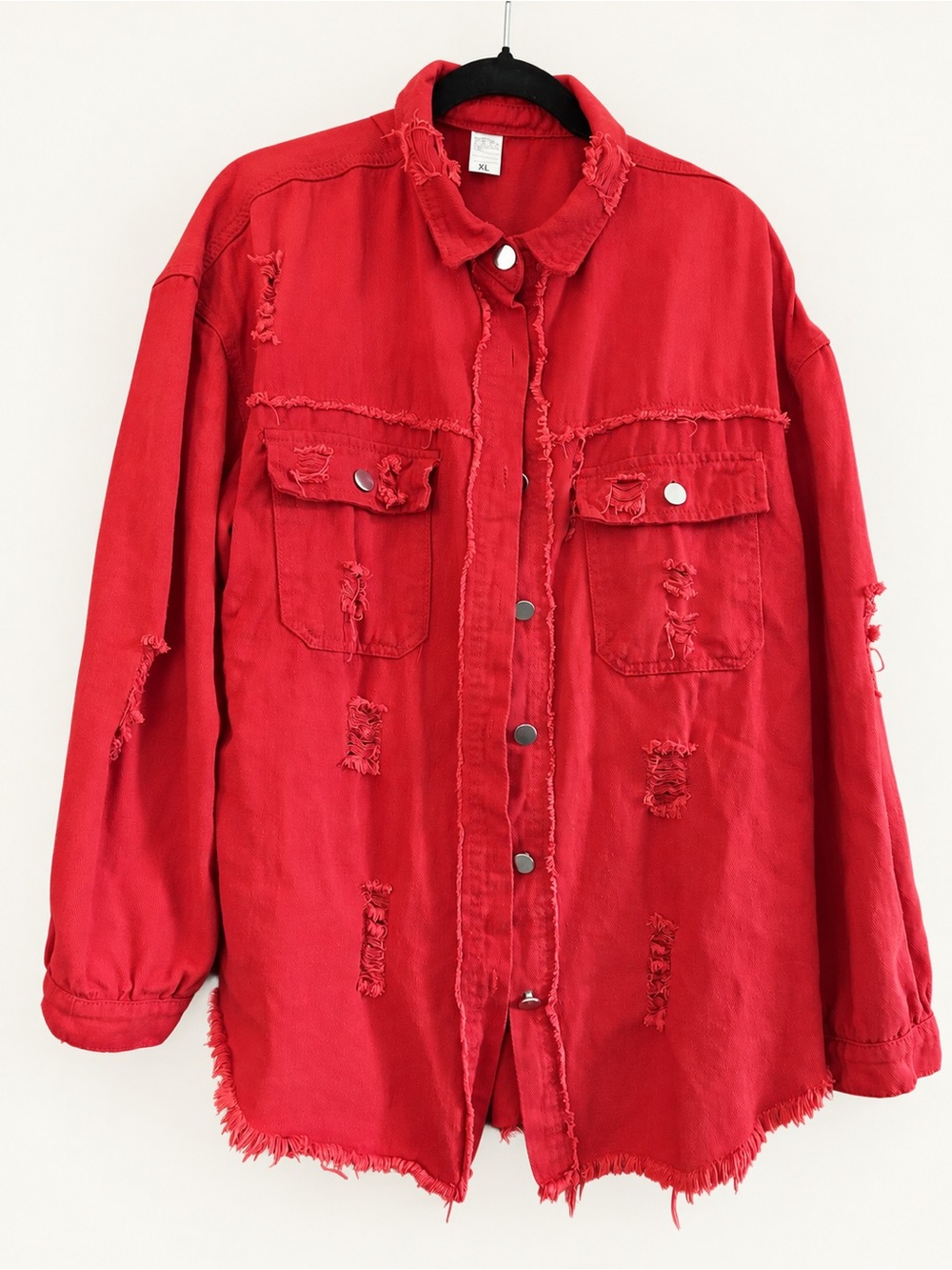❤️ Red Distressed Lightweight Denim-Feel Shacket – Size XL